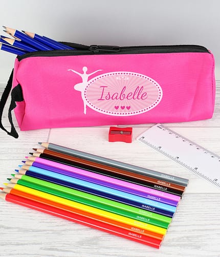 Pink Ballerina Pencil Case with Personalised Pencils & Crayons - ItJustGotPersonal.co.uk