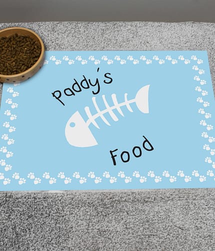 Personalised Blue Fish Bone Cat Pet Bowl Mat - ItJustGotPersonal.co.uk