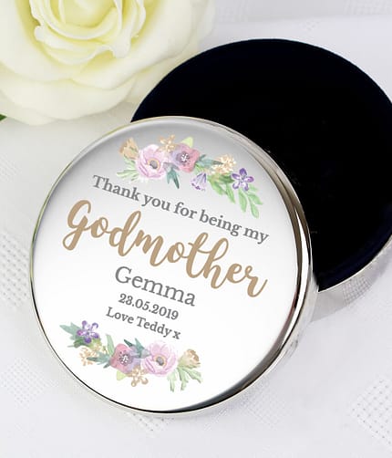 Personalised Godmother 'Floral Watercolour' Round Trinket Box - ItJustGotPersonal.co.uk