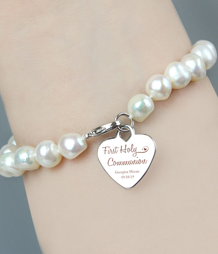 Personalised First Holy Communion Swirls & Hearts White Freshwater Pearl Bracelet - ItJustGotPersonal.co.uk