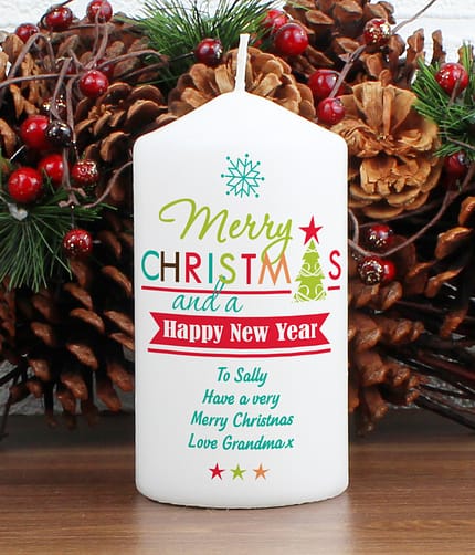 Personalised Bright Christmas Pillar Candle - ItJustGotPersonal.co.uk
