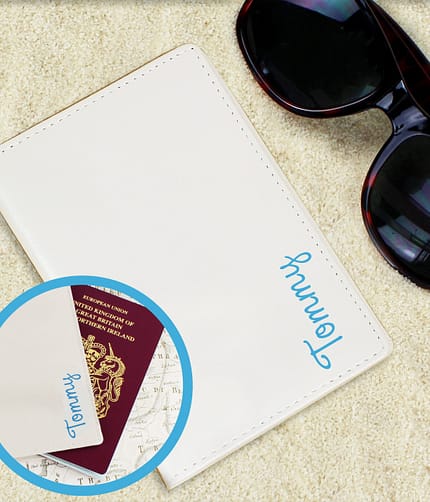 Personalised Blue Name Cream Passport Holder - ItJustGotPersonal.co.uk
