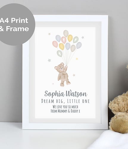 Personalised Teddy & Balloons A4 White Framed Print - ItJustGotPersonal.co.uk