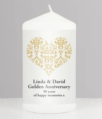 Personalised Gold Damask Heart Pillar Candle - ItJustGotPersonal.co.uk