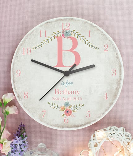 Personalised Floral Bouquet Shabby Chic Large Wooden Clock - ItJustGotPersonal.co.uk