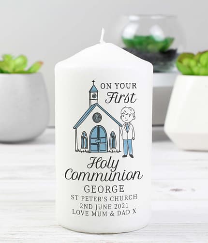Personalised Boys First Holy Communion Pillar Candle - ItJustGotPersonal.co.uk
