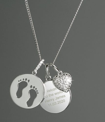 Personalised Sterling Silver Footprints and Cubic Zirconia Heart Necklace - ItJustGotPersonal.co.uk