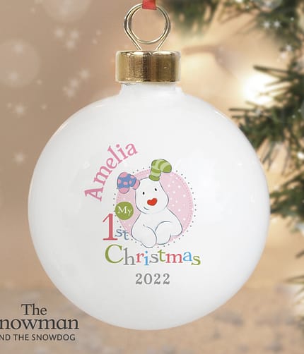Personalised The Snowman and the Snowdog My 1st Christmas Pink Bauble - ItJustGotPersonal.co.uk