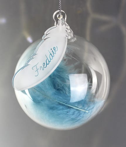 Personalised Blue Feather Glass Bauble - ItJustGotPersonal.co.uk
