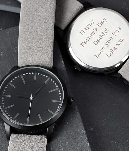 Personalised Mens Matte Black Watch with Grey Strap and Presentation Box - ItJustGotPersonal.co.uk
