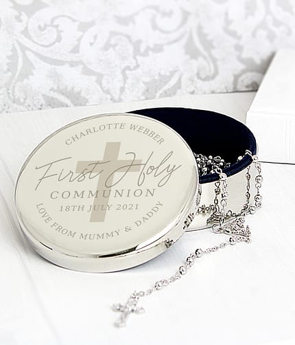 Personalised First Holy Communion Round Trinket Box & Rosary Beads Set - ItJustGotPersonal.co.uk