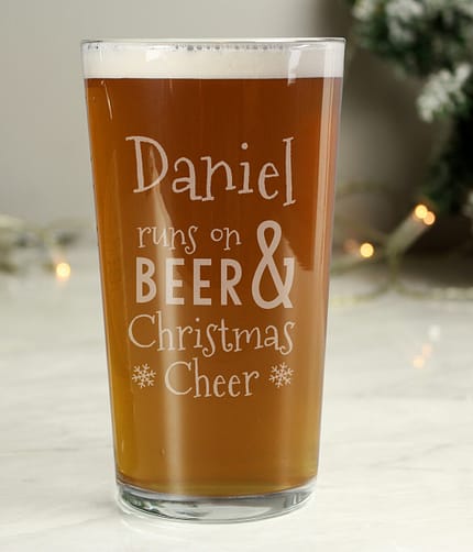 Personalised Runs On Beer & Christmas Cheer Pint Glass - ItJustGotPersonal.co.uk
