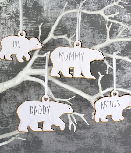 Personalised Set of Four Polar Bear Family Wooden Hanging Decorations - ItJustGotPersonal.co.uk
