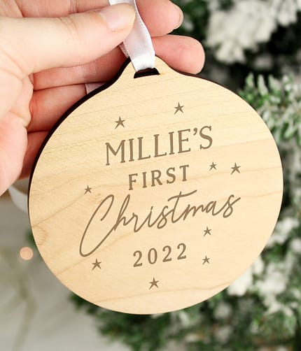 Personalised Baby's First Christmas Round Wooden Decoration - ItJustGotPersonal.co.uk