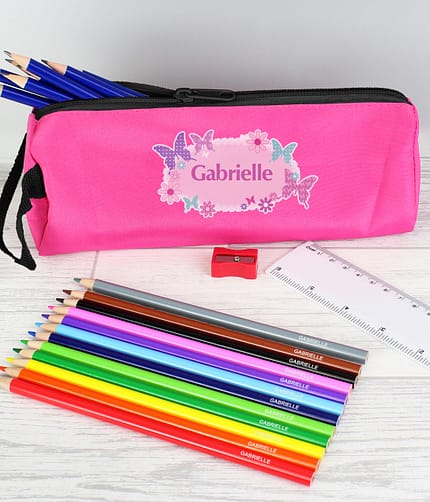 Pink Butterfly Pencil Case with Personalised Pencils & Crayons - ItJustGotPersonal.co.uk