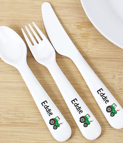 Personalised Tractor 3 Piece Plastic Cutlery Set - ItJustGotPersonal.co.uk