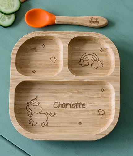 Personalised Unicorn Bamboo Suction Plate & Spoon - ItJustGotPersonal.co.uk