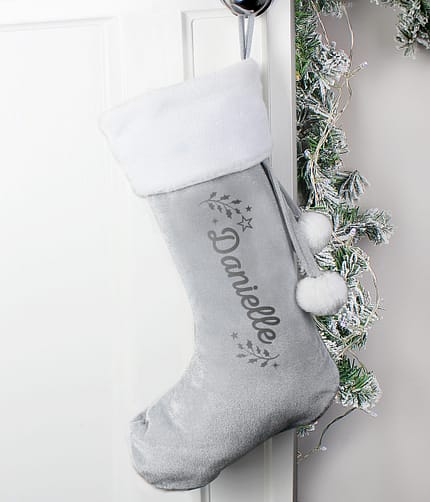 Personalised Holly Grey Christmas Stocking - ItJustGotPersonal.co.uk