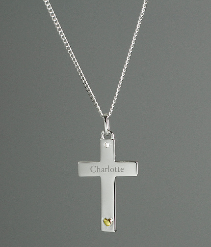 Personalised Sterling Silver Cross with 9ct Gold Heart & CZ Necklace - ItJustGotPersonal.co.uk