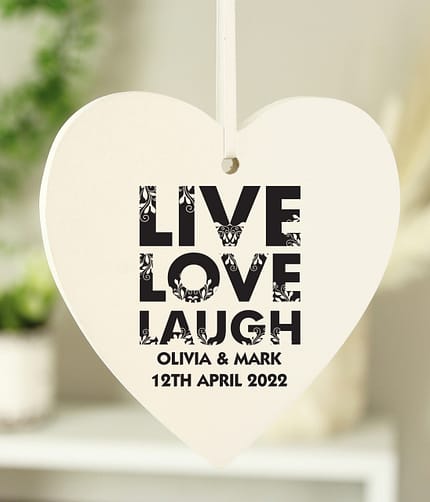 Personalised Live Love Laugh Wooden Heart Decoration - ItJustGotPersonal.co.uk
