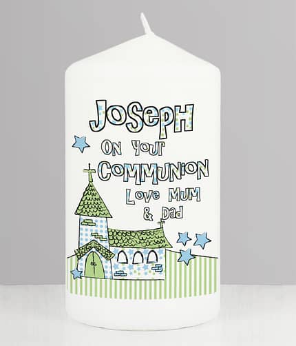 Personalised Blue Church Pillar Candle - ItJustGotPersonal.co.uk