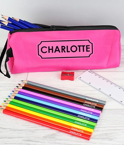 Pink Pencil Case with Personalised Pencils & Crayons - ItJustGotPersonal.co.uk
