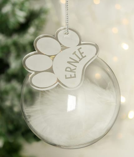 Personalised Pets White Feather Glass Bauble With Paw Print Tag - ItJustGotPersonal.co.uk