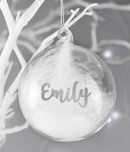 Personalised Silver Glitter Name Only Feather Glass Bauble - ItJustGotPersonal.co.uk