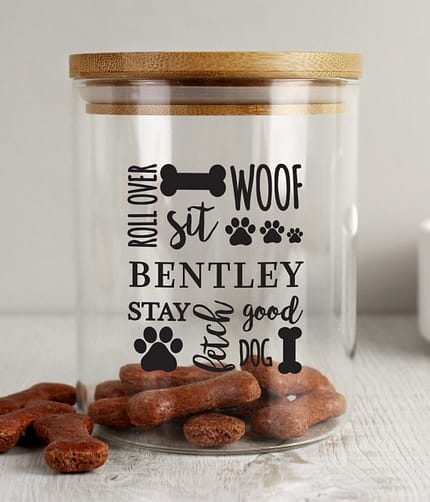 Personalised Glass Dog Treat Jar with Bamboo Lid - ItJustGotPersonal.co.uk
