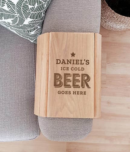 Personalised Beer Goes Here Wooden Sofa Tray - ItJustGotPersonal.co.uk