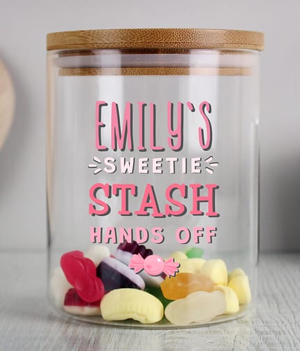Personalised Sweetie Stash Glass Jar with Bamboo Lid - ItJustGotPersonal.co.uk