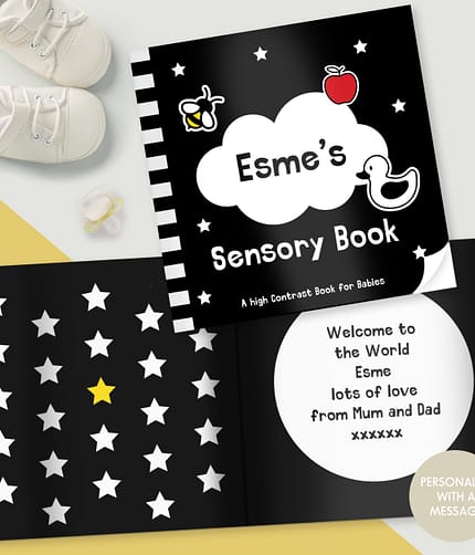 Personalised High Contrast Black and White Baby Book - ItJustGotPersonal.co.uk