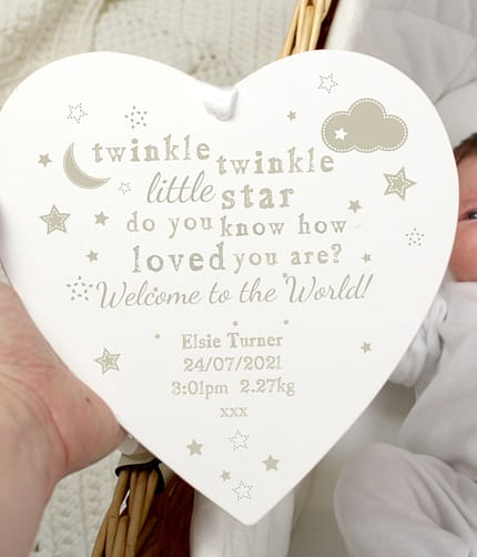Personalised Twinkle Twinkle Large Wooden Heart Decoration - ItJustGotPersonal.co.uk