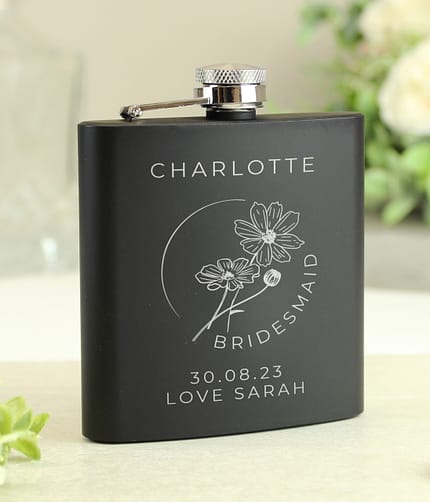 Personalised Monochrome Floral Wedding Party Black Hip Flask - ItJustGotPersonal.co.uk