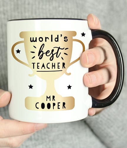 Personalised World's Best Teacher Trophy Black Handled Mug - ItJustGotPersonal.co.uk