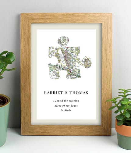 Personalised Present Day Map Puzzle Piece A4 Oak Framed Print - ItJustGotPersonal.co.uk