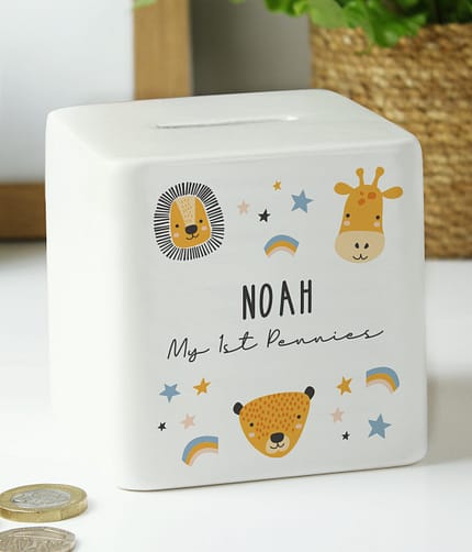 Personalised Scandi Safari Animals Ceramic Square Money Box - ItJustGotPersonal.co.uk