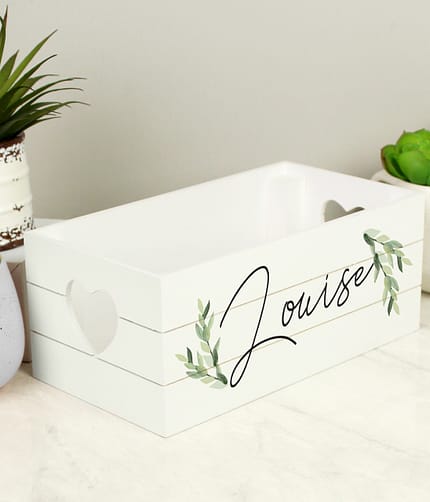 Personalised Name Only Botanical White Wooden Crate - ItJustGotPersonal.co.uk