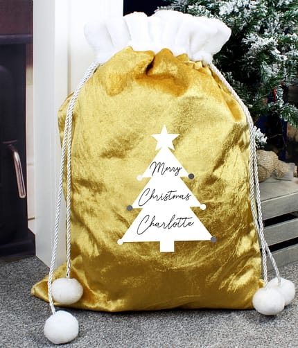Personalised Christmas Tree Luxury Pom Pom Gold Sack - ItJustGotPersonal.co.uk