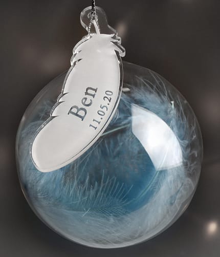Personalised Name & Date Blue Feather Glass Bauble - ItJustGotPersonal.co.uk
