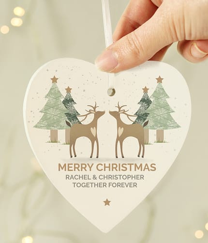 Personalised Reindeer Couple Wooden Heart Decoration - ItJustGotPersonal.co.uk