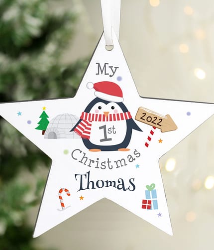 Personalised 1st Christmas Penguin Wooden Star Decoration - ItJustGotPersonal.co.uk