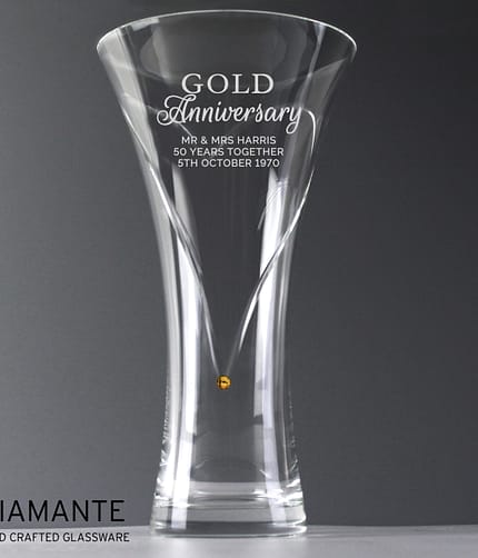 Personalised Gold Anniversary Large Hand Cut Diamante Heart Vase - ItJustGotPersonal.co.uk