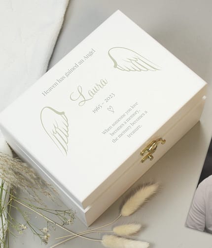 Personalised Angel Wings Memorial White Wooden Box - ItJustGotPersonal.co.uk