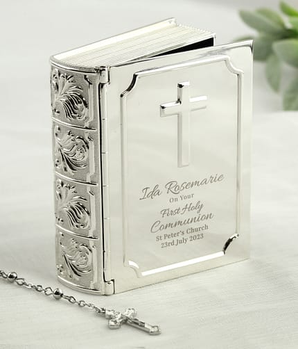 Personalised First Holy Communion Bible Trinket Box with Rosary Beads - ItJustGotPersonal.co.uk
