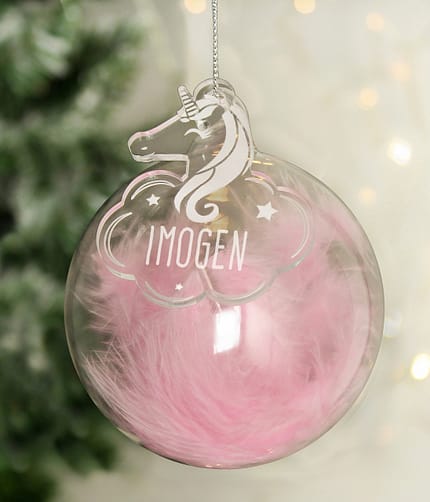 Personalised Pink Feather Glass Bauble With Unicorn Tag - ItJustGotPersonal.co.uk