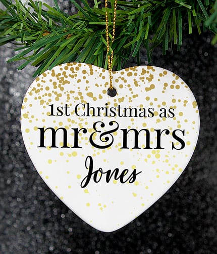 Personalised Mr and Mrs 1st Christmas Ceramic Heart Decoration - ItJustGotPersonal.co.uk