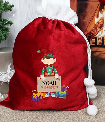 Personalised Christmas Elf Luxury Pom Pom Red Sack - ItJustGotPersonal.co.uk