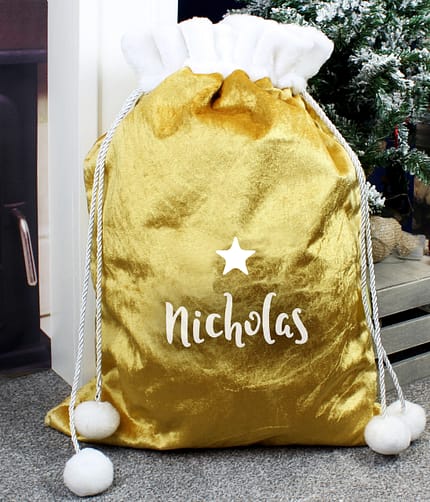 Personalised Name Only Gold Luxury Pom Pom Sack - ItJustGotPersonal.co.uk