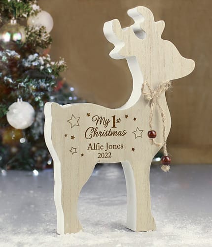 Personalised '1st Christmas' Rustic Wooden Reindeer Decoration - ItJustGotPersonal.co.uk